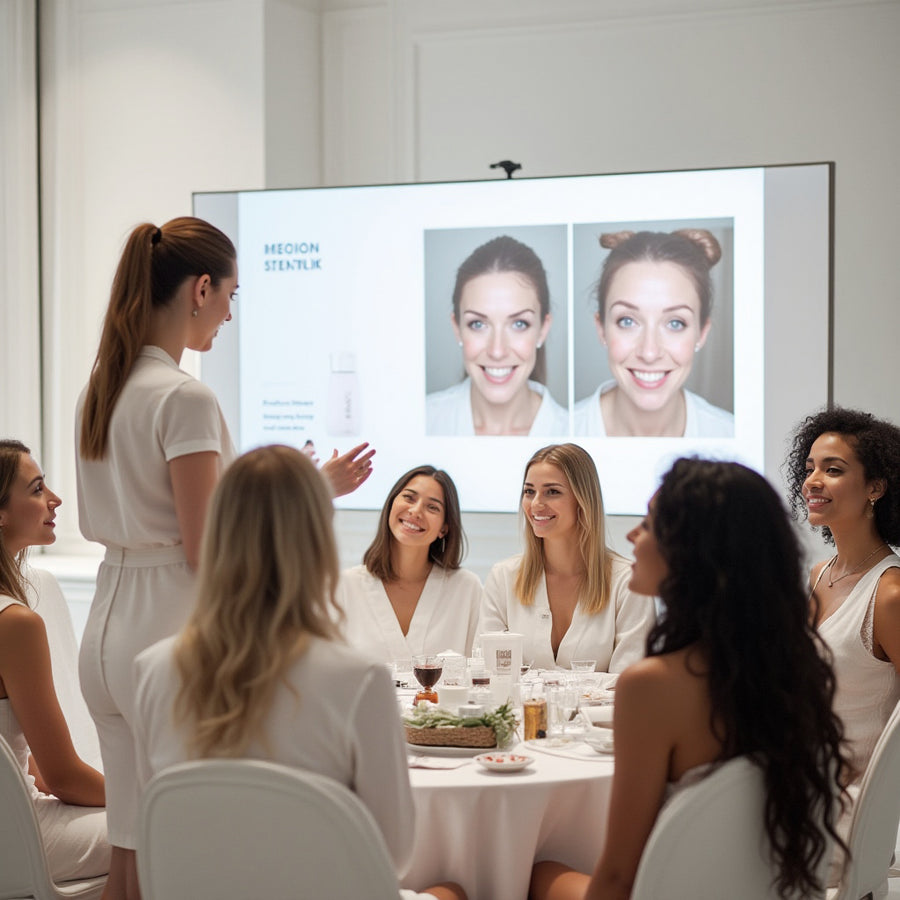 Educator presenting before-and-after skin results to a group