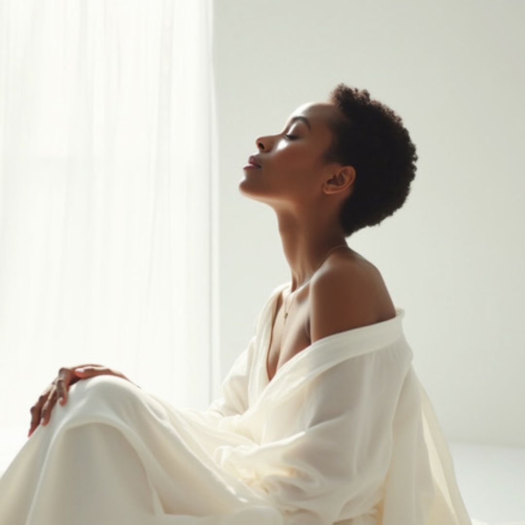 Woman in white linen sitting in soft natural light, eyes closed