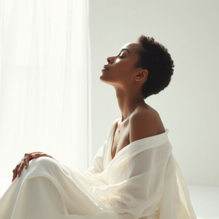 Woman in white linen sitting in soft natural light, eyes closed