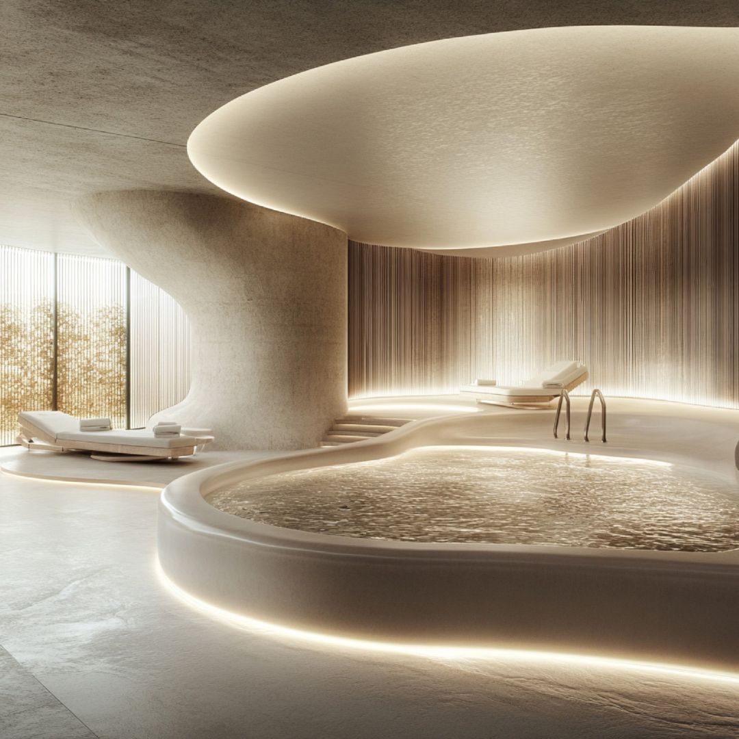 Serene spa interior with a sculpted stone bath and warm cove lighting