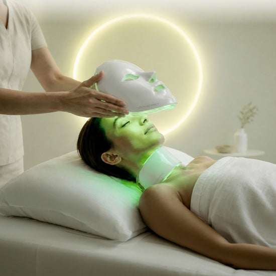 A person lies on a treatment bed while another person holds a white Deesse Pro LED light therapy device over their face. The device glows green, and a large glowing ring light is visible behind them in a softly lit spa-like setting.