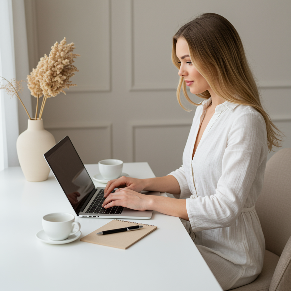 Practitioner working on a laptop at a minimalist desk