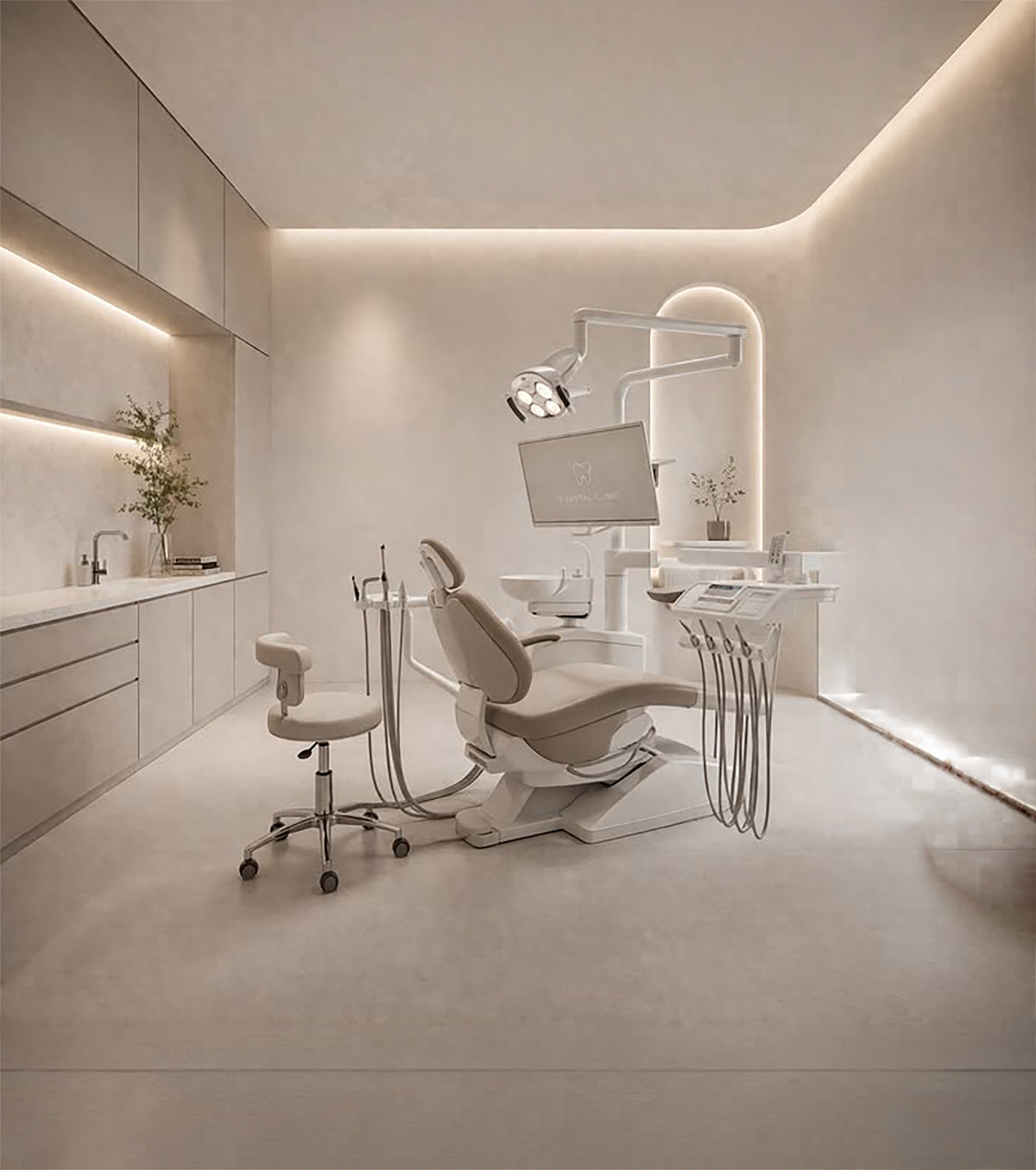 Calm, light-filled dental treatment room with warm neutral finishes