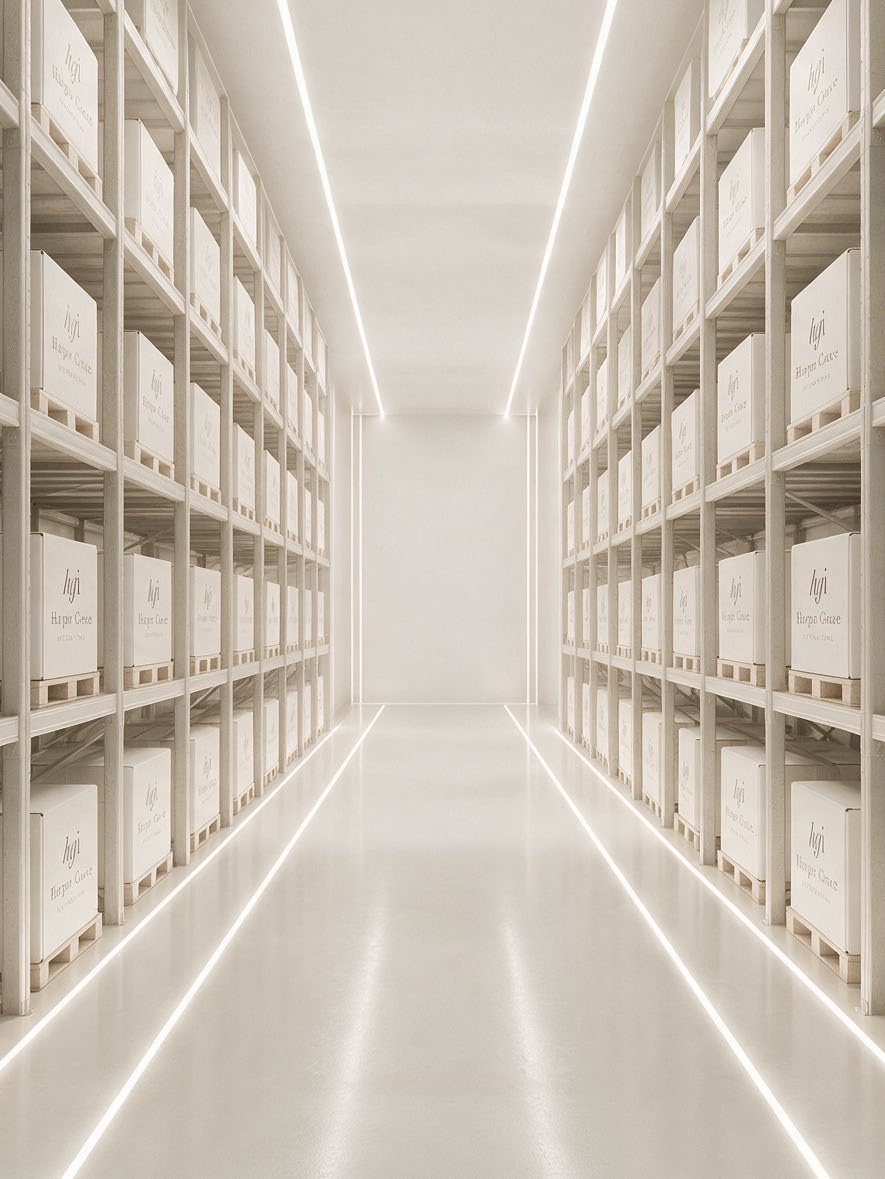 Warehouse aisle of Harpar Grace boxes