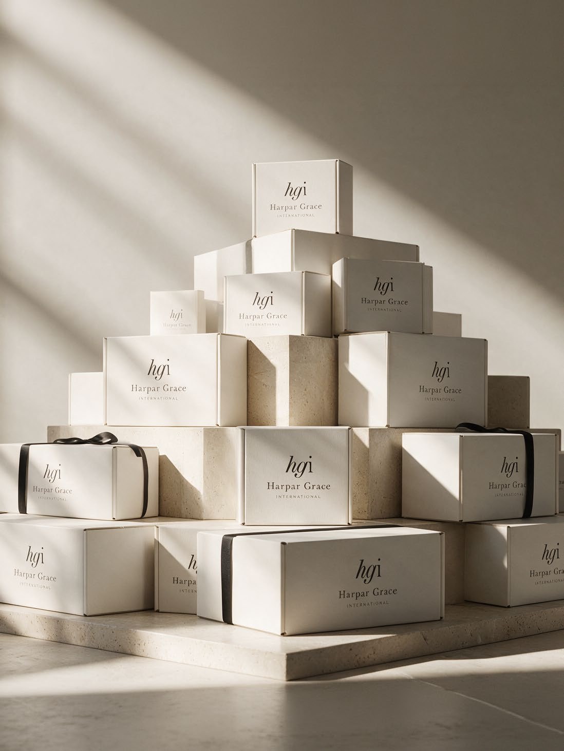 Stack of Harpar Grace branded boxes