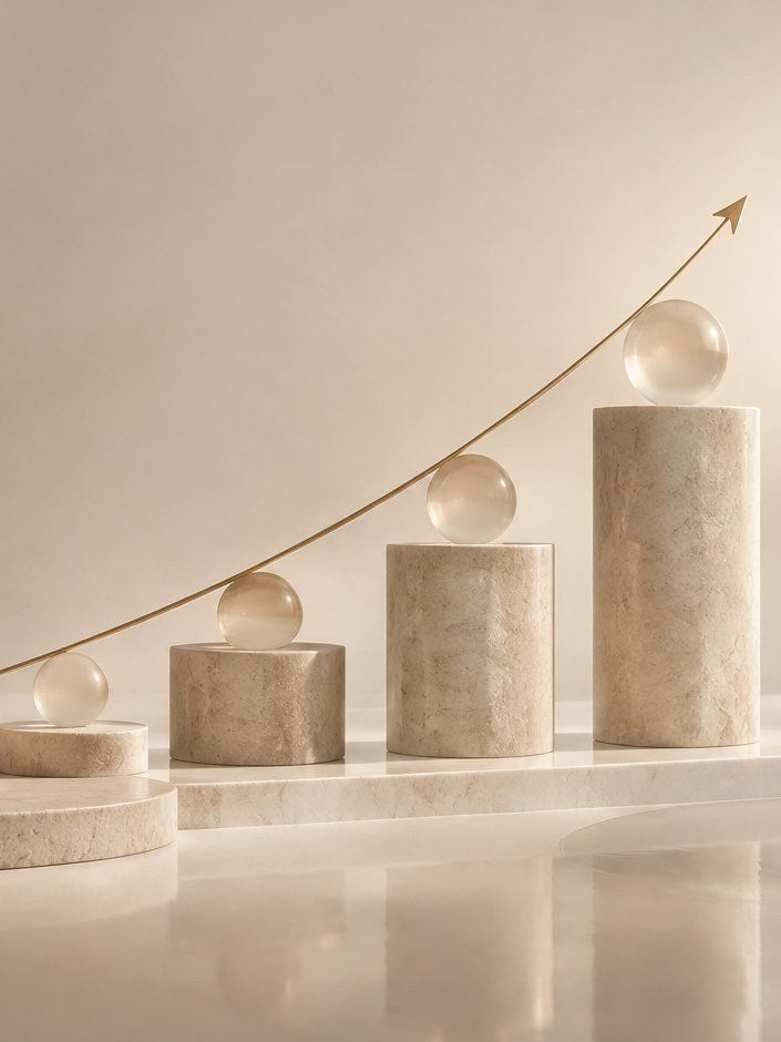 Rising stone plinths with a growth arrow