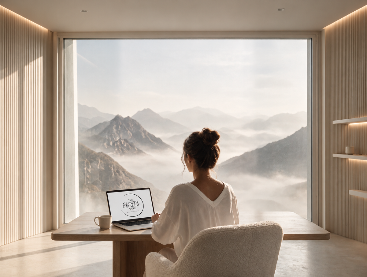 GCQ workspace – woman at a desk overlooking misty mountains
