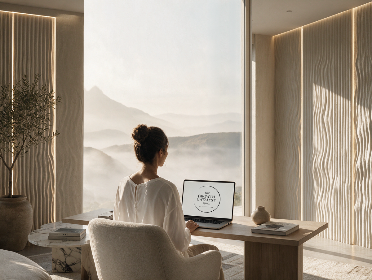GCQ workspace – woman taking the quiz by a mountain window