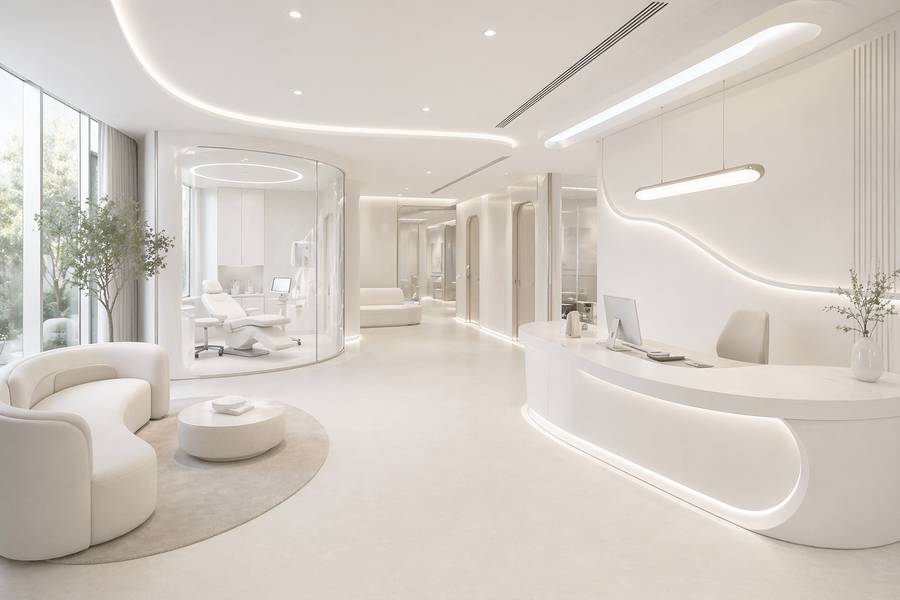 Bright, modern aesthetic clinic reception and treatment room