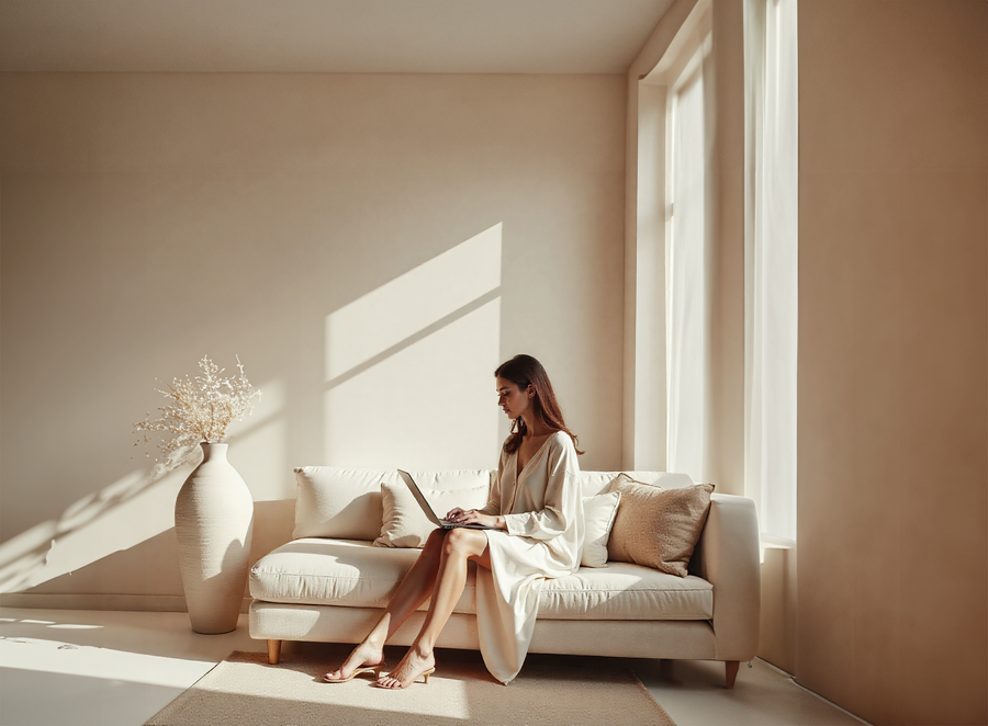 Professional working on a laptop on a linen sofa in soft daylight