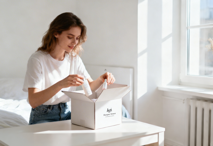 Partner unboxing an HGI branded delivery at a bright desk