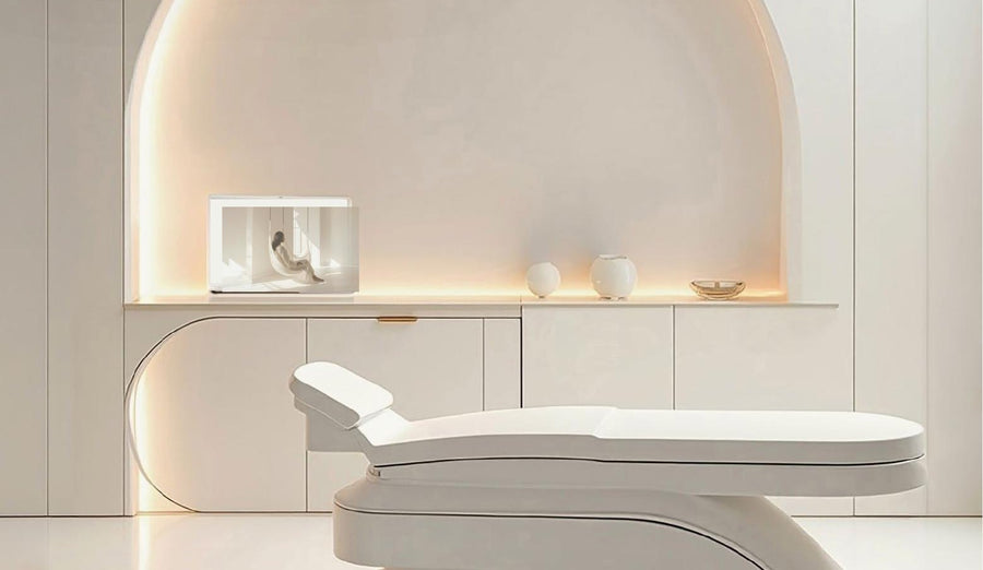 Calm clinic treatment room with a white treatment couch