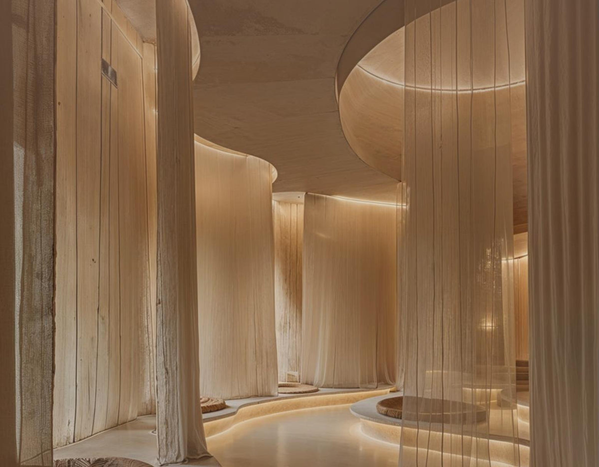 Serene spa with columns, warm lighting and a still pool