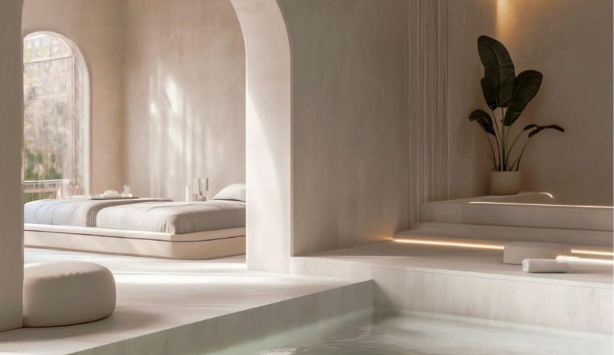 Spa relaxation room with curved stone walls and soft light