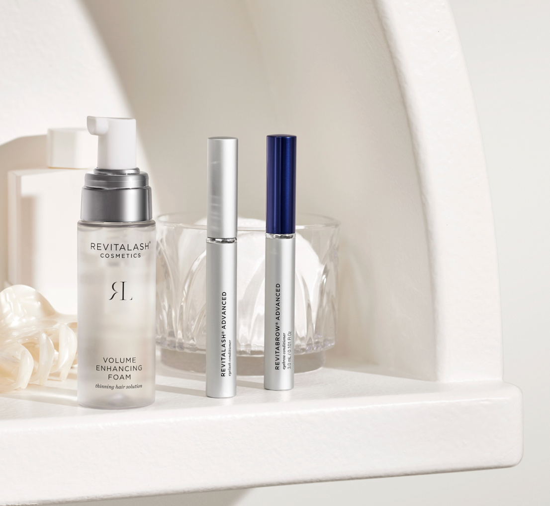 RevitaLash Volume Enhancing Foam, RevitaLash Advanced and RevitaBrow Advanced on a shelf