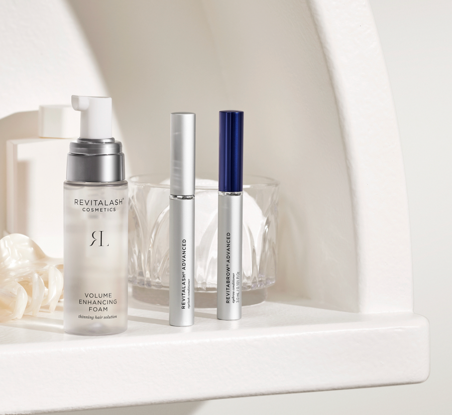 RevitaLash Volume Enhancing Foam, RevitaLash Advanced and RevitaBrow Advanced on a shelf
