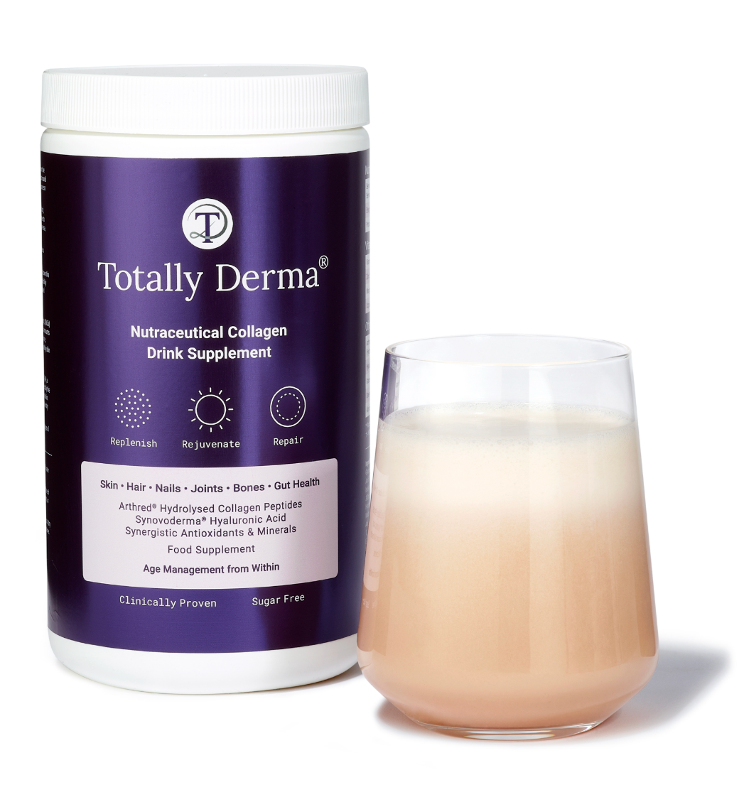 Totally Derma collagen drink supplement tub with a prepared glass