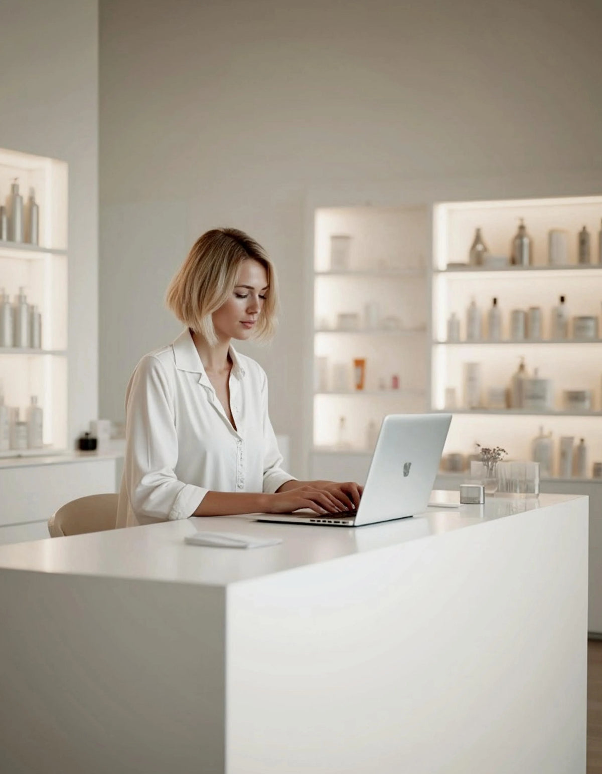 Practitioner managing orders on a laptop at a minimal desk
