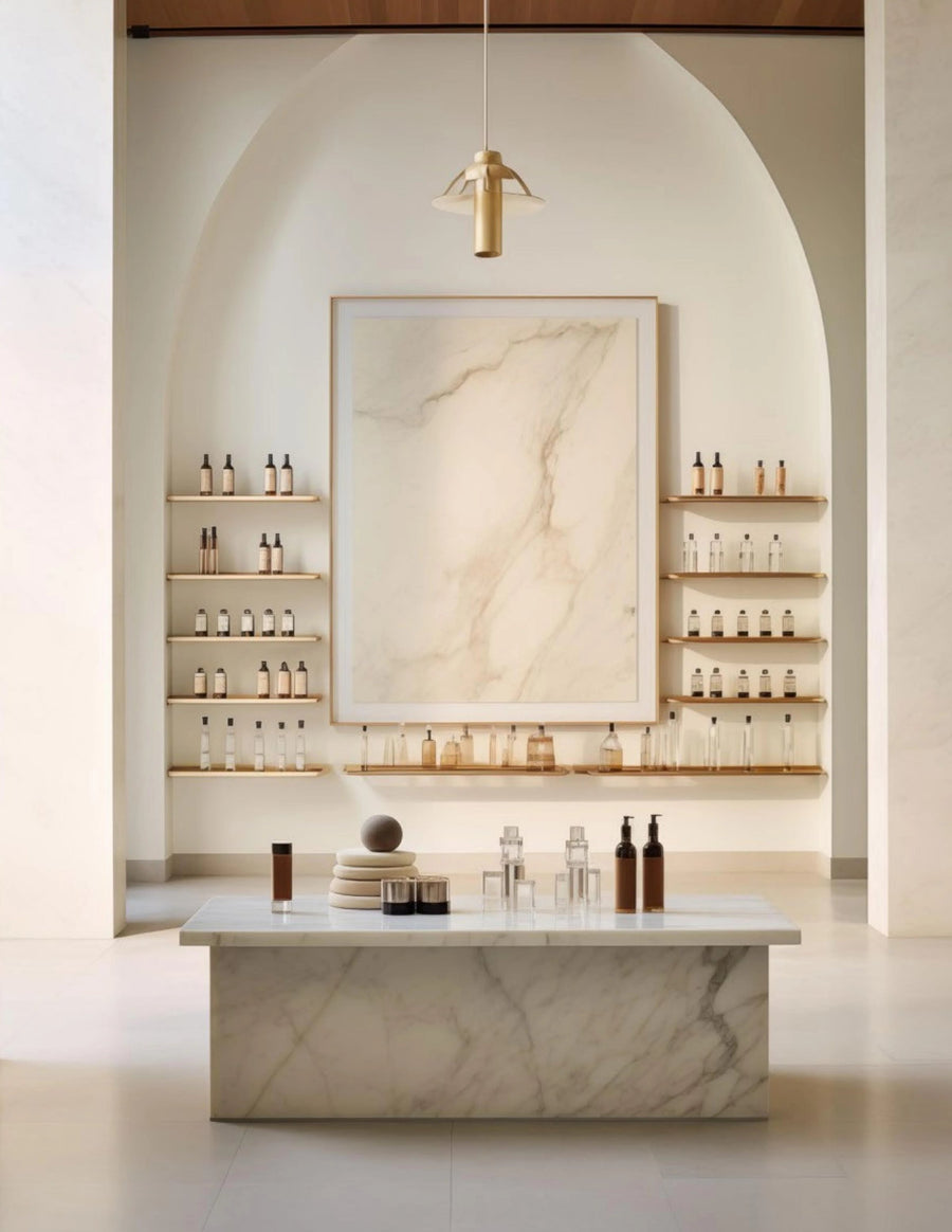 Elegant product display beneath a sculpted archway