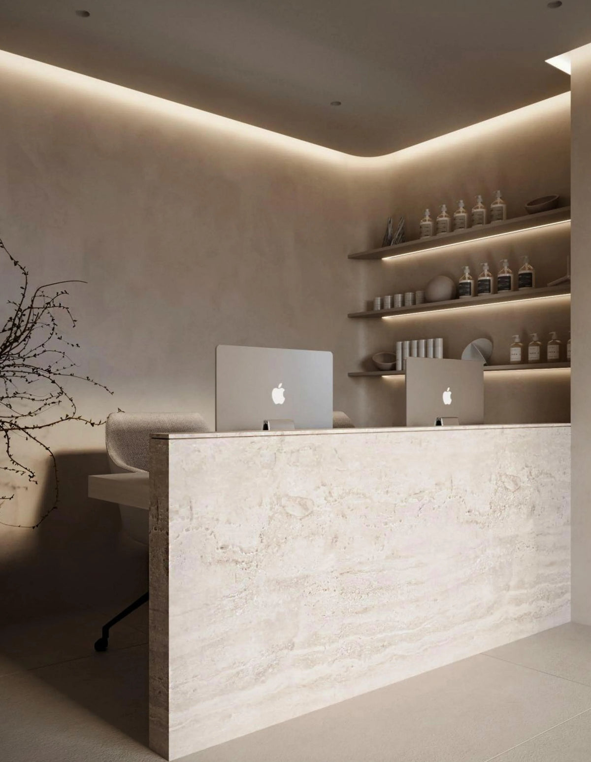 Minimal reception desk with a laptop and product shelving