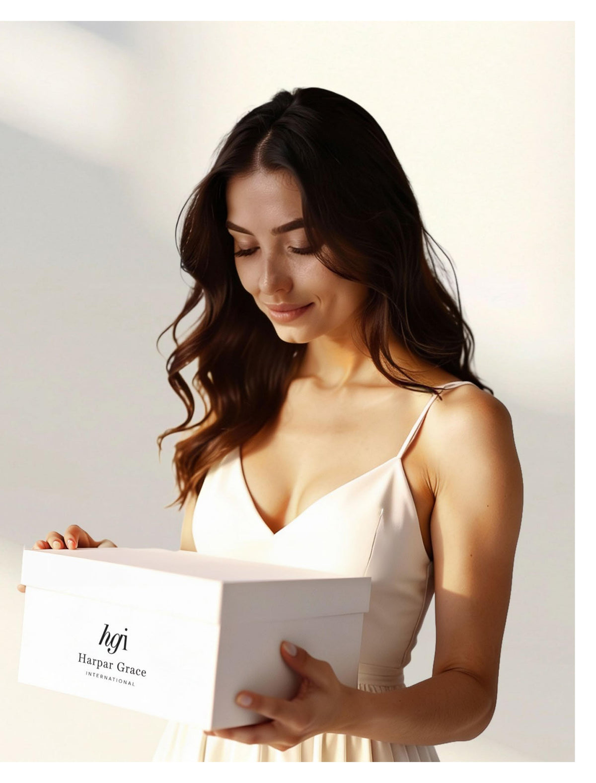 Woman holding an HGI branded gift box