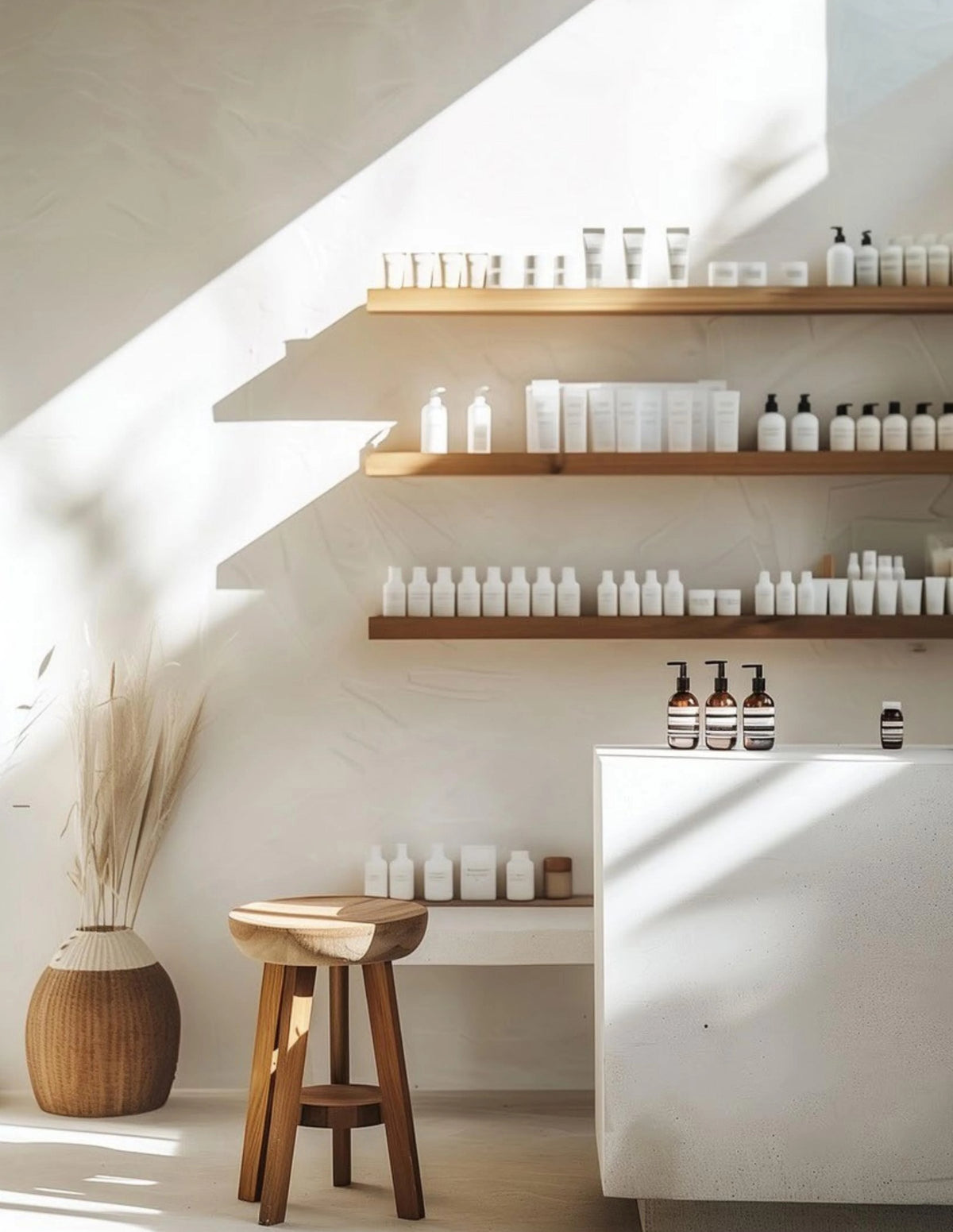 Professional skincare displayed on minimal open shelving