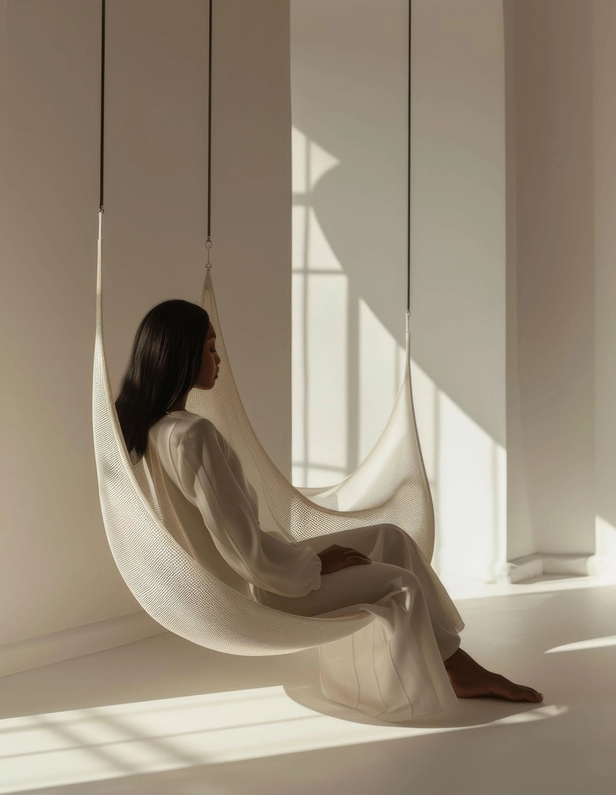 Woman relaxing in a hanging chair in afternoon sunlight