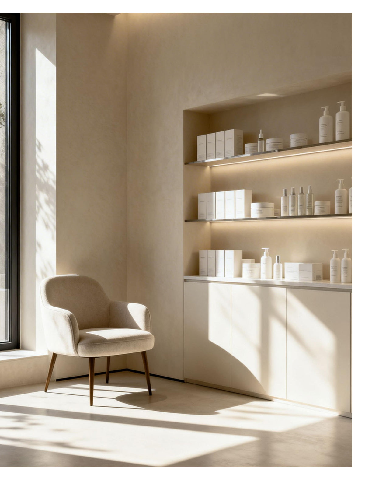 Calm, minimal interior with an armchair and shelving