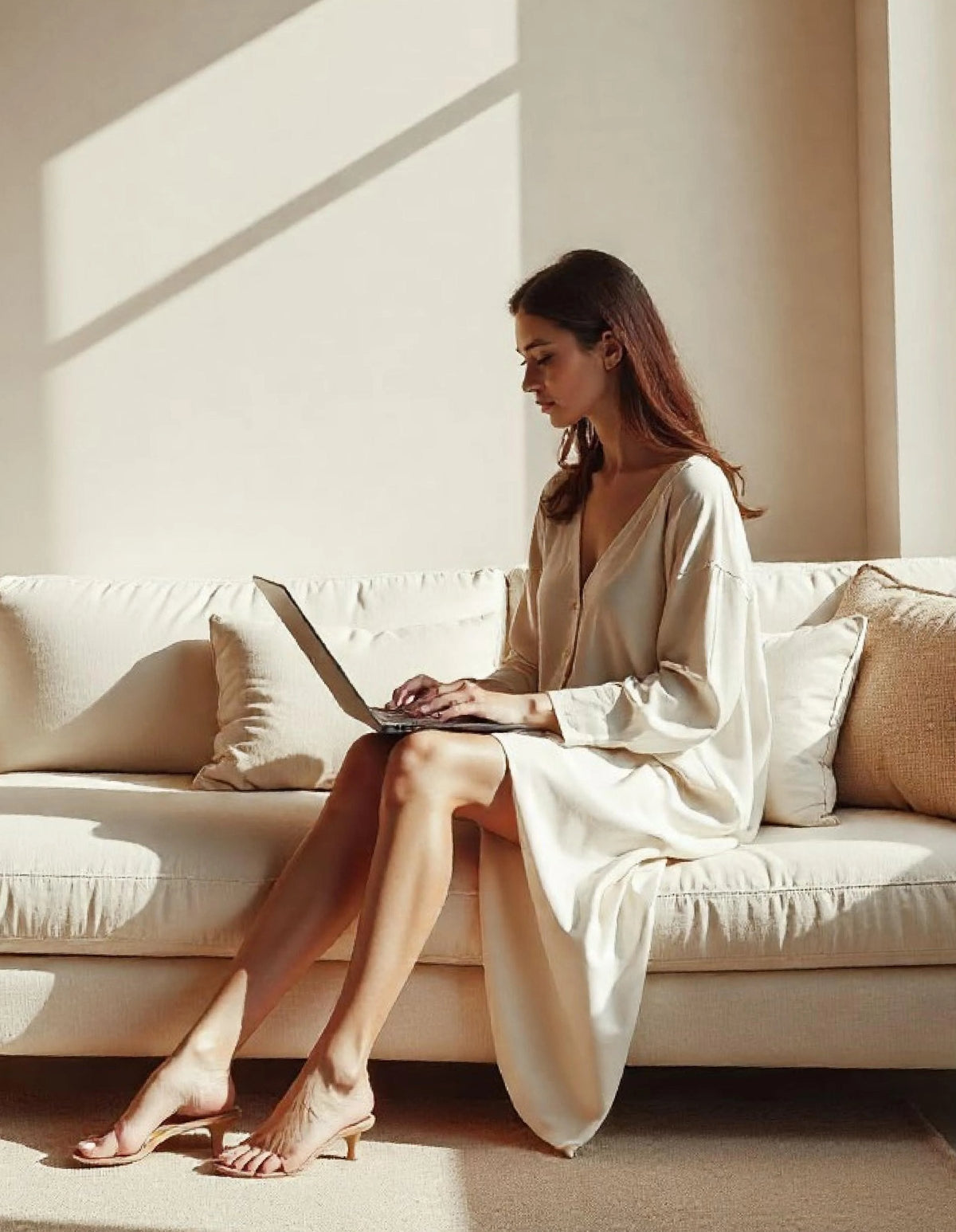 Woman relaxing with a laptop on a sofa in a calm, sunlit room