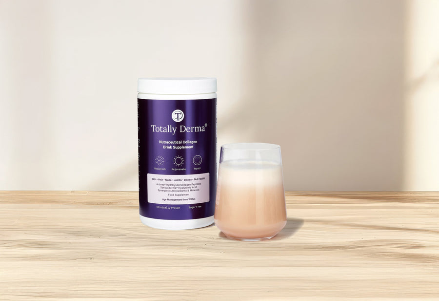 Totally Derma Nutraceutical Collagen Drink Supplement tub beside a glass of the drink