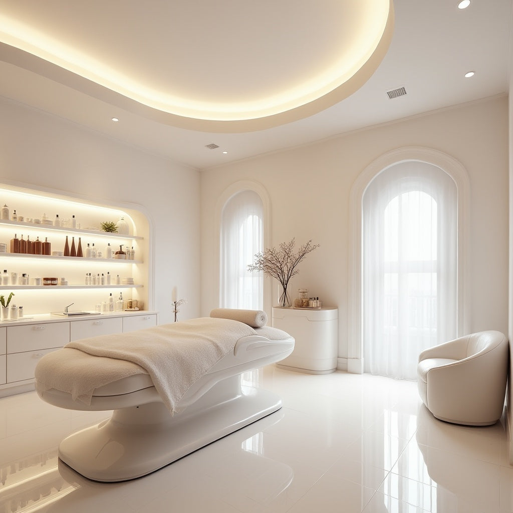 Bright, luxurious treatment room with a treatment bed and lit product shelving